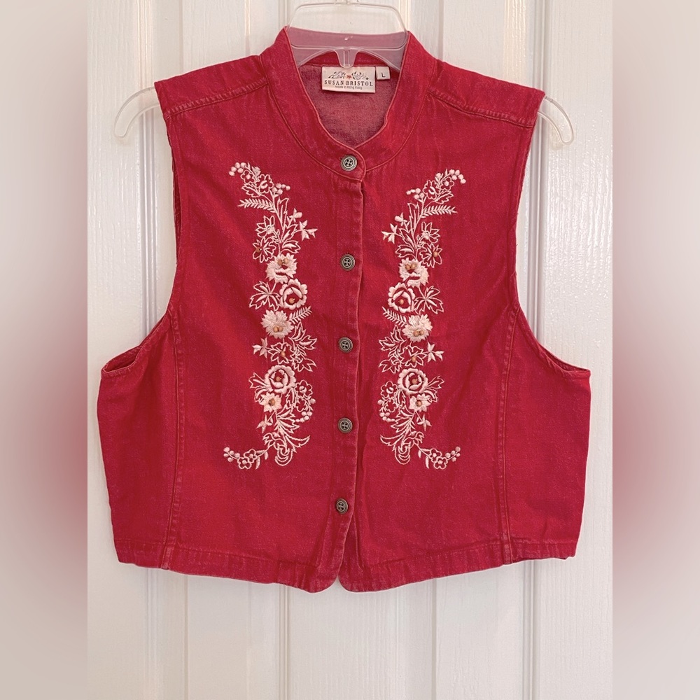 Susan Bristol Vest Womens Size Large Red Floral Embroidered Vintage Button Front